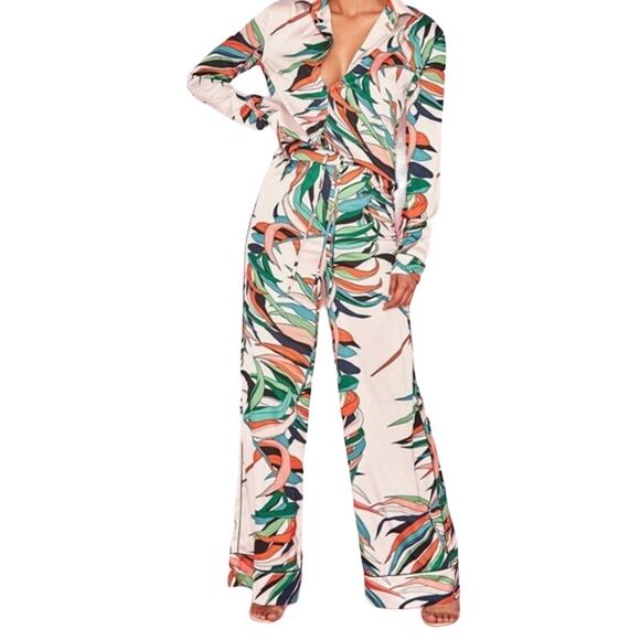 House of CB Wide Leg Pants Tropical Print Satin Bartola Pants Size S NWT - Picture 2 of 7